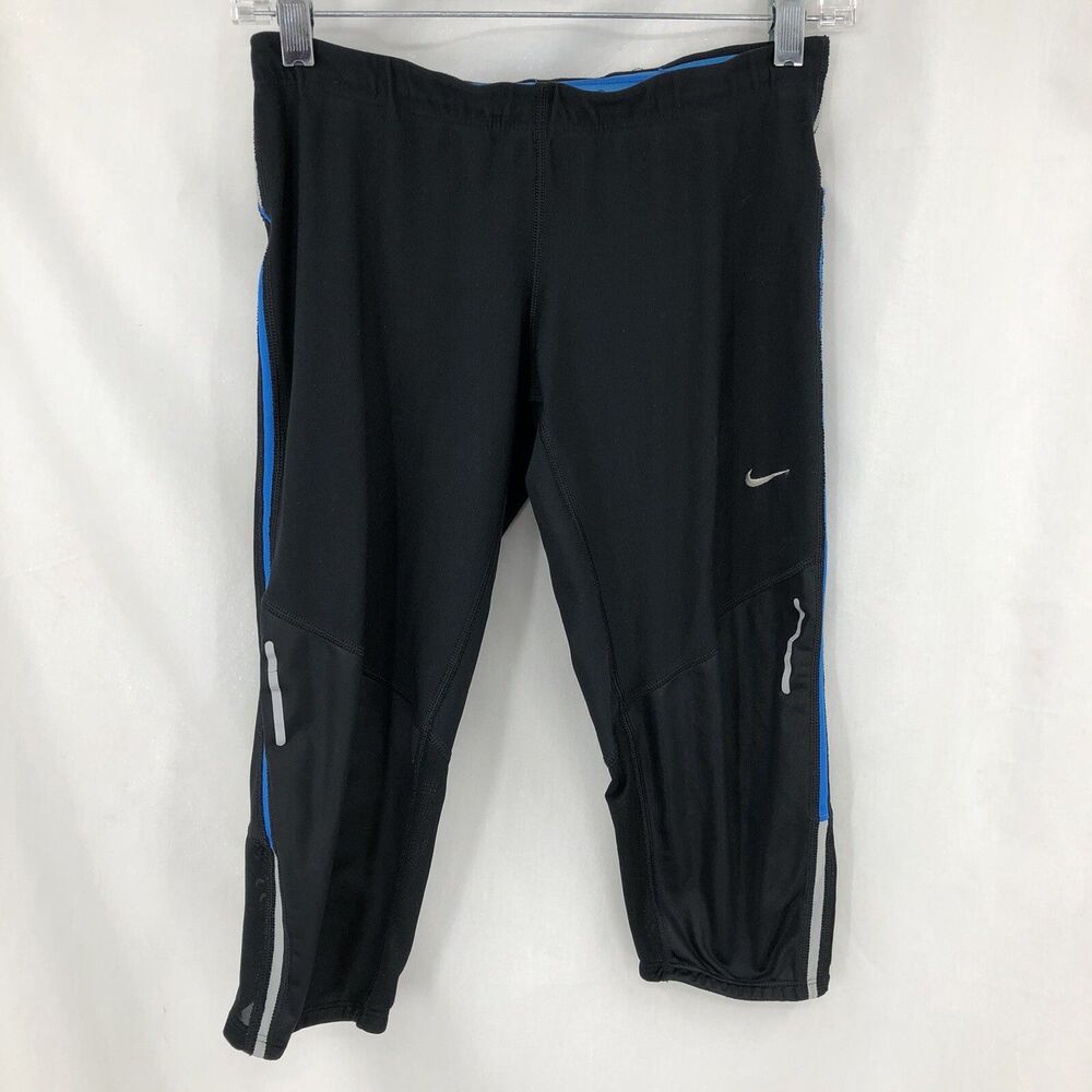 Nike Dri-Fit Tech Capri Breathable Athletic Tights Black Blue Reflective Medium